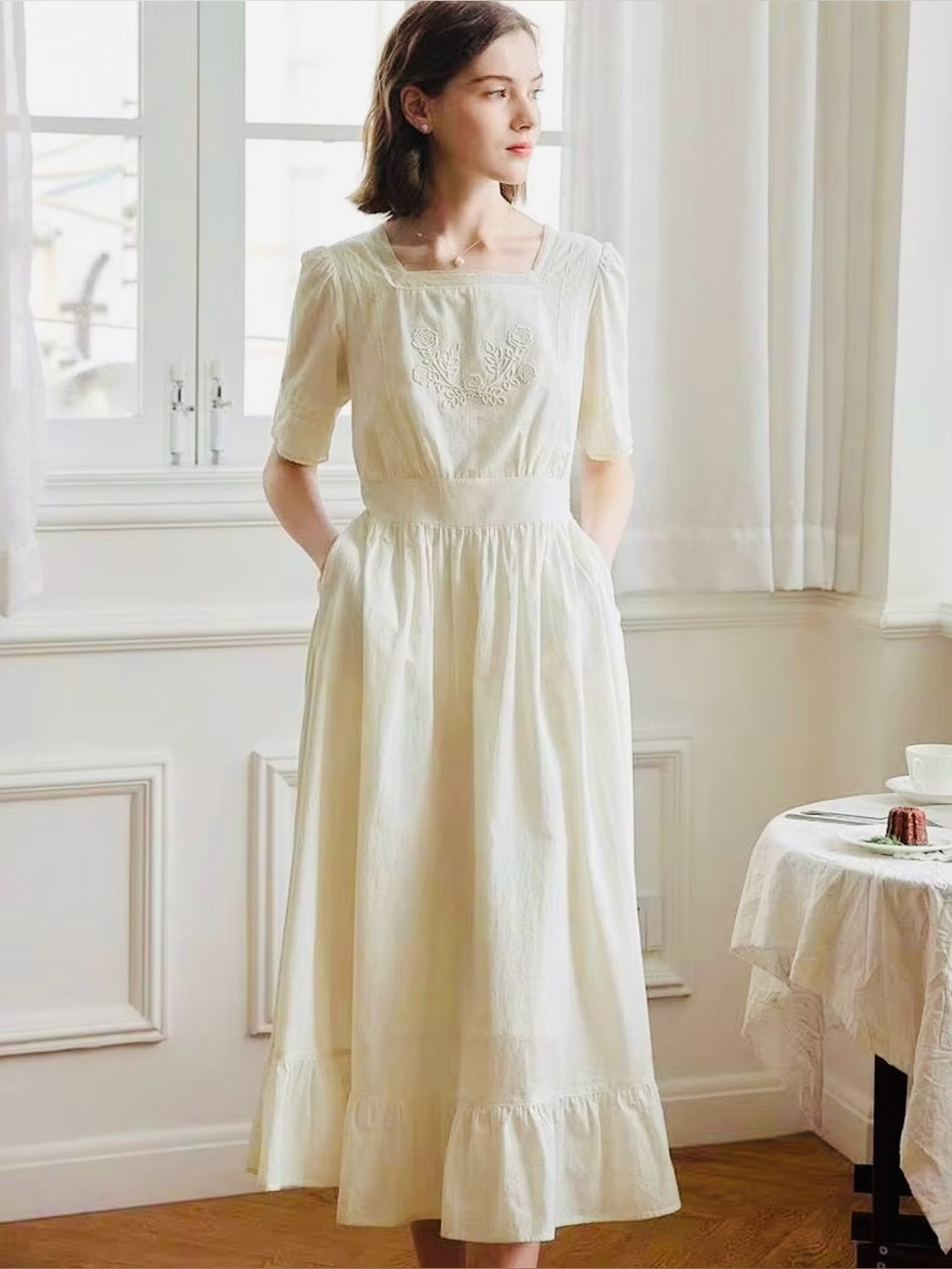 Simple Retro Vintage inspired Elegant Cream Embroidered Midi Dress - Size S